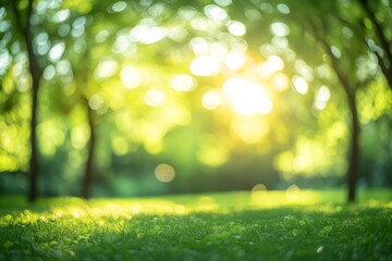 Obraz premium Sunny bokeh background of green grass and trees.