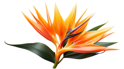 Stunning bird of paradise flower in full bloom with rich colors and intricate details, studio view, isolated on transparent background.