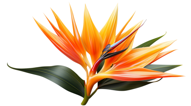 Stunning bird of paradise flower in full bloom with rich colors and intricate details, studio view, isolated on transparent background. - Powered by Adobe