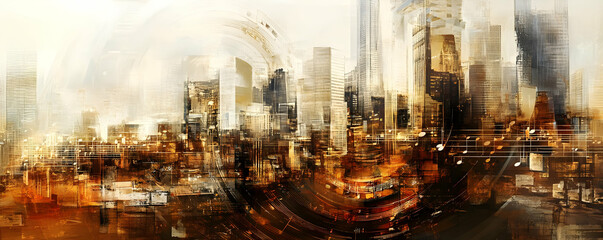Fototapeta premium Abstract cityscape painting, warm tones, urban art.