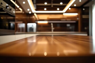 Modern kitchen countertop close-up, blurred background showing appliances and wooden cabinetry.