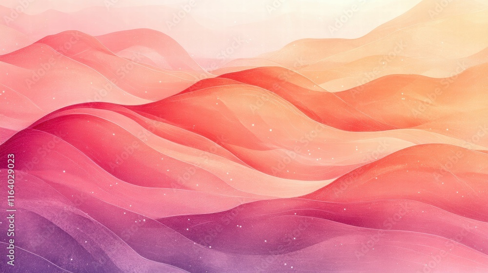 Poster abstract waves in soft pink and orange hues create a serene, calming atmosphere.
