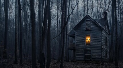 An old, spooky house glows dimly in a dark forest at night.