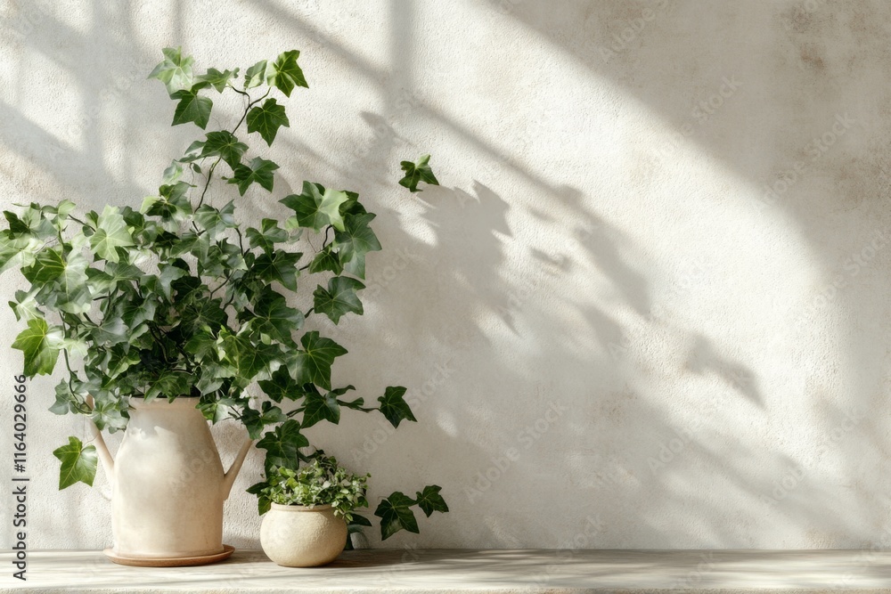 Aufkleber a 3d-rendered ivy wall with leaves casting dynamic shadows in a soft, glowing light