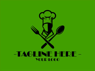 Ideal for food blogs, professional chef vector logo master chef symbol with a modern touch restaurant menus, and cookingthemed designs, a black chef hat, fork, and spoon on a green background
