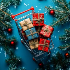 Festive Christmas Tree in a Shopping Cart