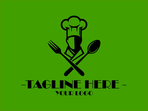 Ideal for food blogs, professional chef vector logo master chef symbol with a modern touch restaurant menus, and cookingthemed designs, a black chef hat, fork, and spoon on a green background