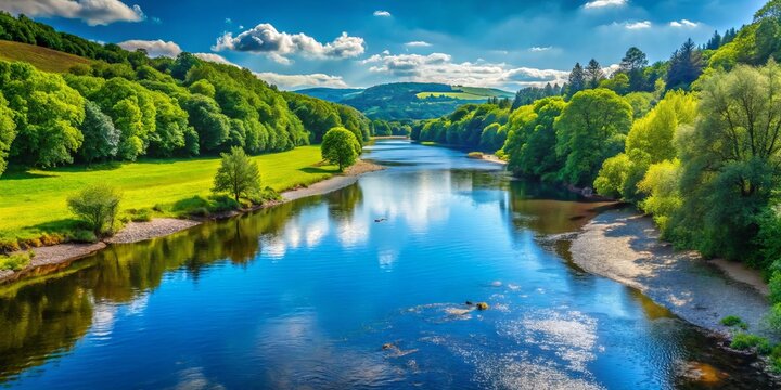 Serene Usk River Landscape with Copy Space for Text - Stock Photo