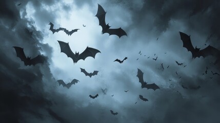 Fototapeta premium Haloween background with black bats on white. Haloween party card background template.