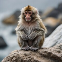Fototapeta premium A small monkey with soft, fluffy fur, sitting on a rock with a clean white background.