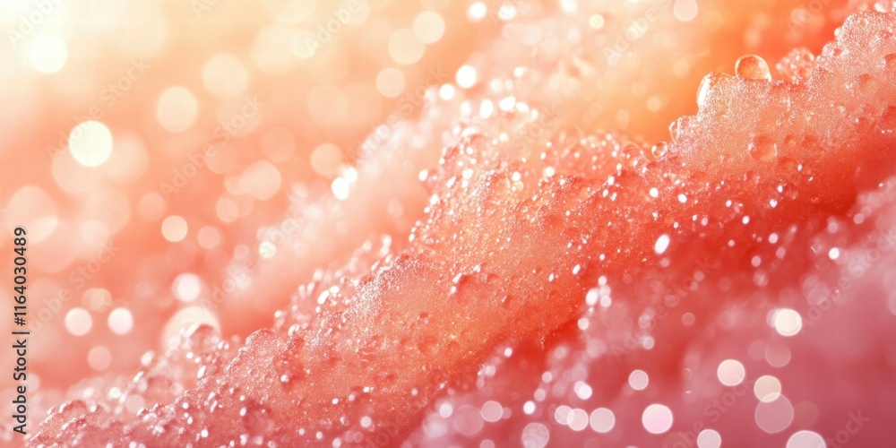 Poster a close-up of bubbly foam with soft pink hues and sparkling droplets.