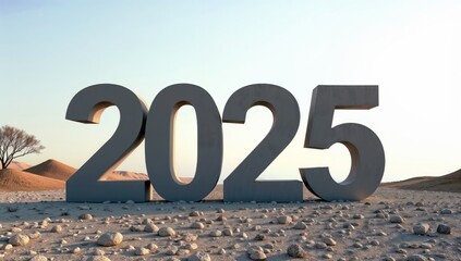 2025 Symbol in Desert Landscape with Rocks Under Blue Sky