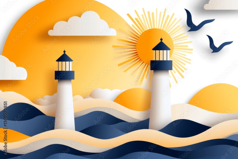 Poster A clean outline of an island with a lighthouse and waves, representing a simple yet iconic image of seclusion