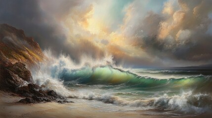 Fototapeta premium Vibrant Waves Crash on Rocky Shore with Dramatic Light