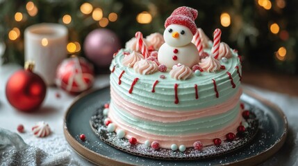 Festive Snowman Cake with Colorful Frosting and Candy Decorations for Holiday Celebration