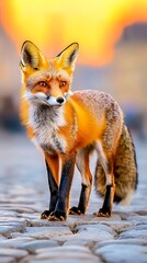 Stunning Portrait of a Wild Fox with Brilliant Orange Fur Walking on Cobblestone Pathway in a Scenic Setting at Sunset, Capturing Nature's Beauty and Wildlife Serenity