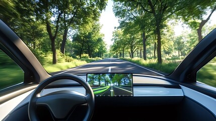 Self-driving vehicle navigating a picturesque country road, showcasing advanced technology and sustainable transportation in a serene natural setting