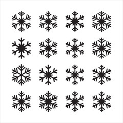 A vector illustration of a snowflake icon set in silhouette style, with a white background. The icons include a snowflake, a snowman, a skier, a ski lift, and a hot chocolate mug. The snowflake and sn