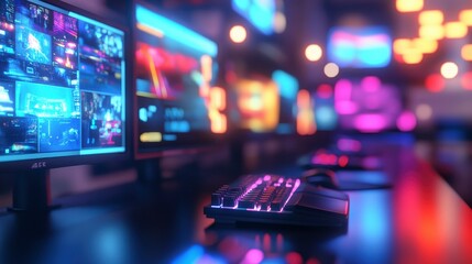 Blurred background of a modern gaming room featuring multiple monitors and vibrant neon lights, creating an immersive environment perfect for gamers and content creators.