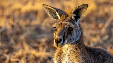 Fototapeta premium Close-up portrait of a red kangaroo in golden sunlight.