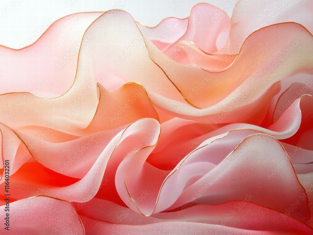 Poster a close-up of flowing, translucent fabric in soft pink and orange tones with golden edges.