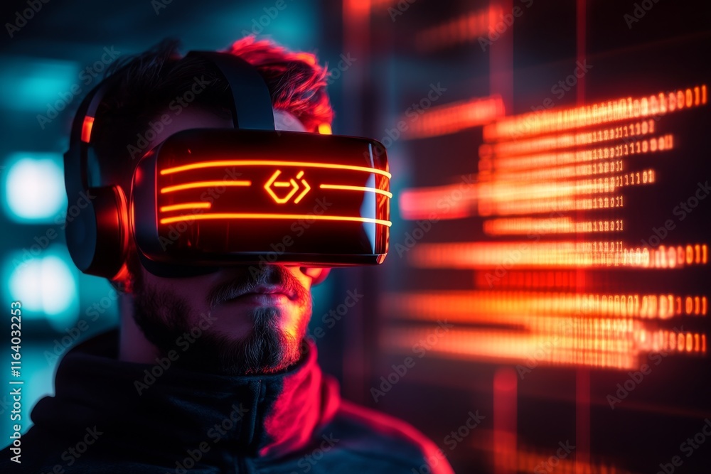 Poster a creative it workspace filled with gadgets, vr headsets, and code displayed on monitors