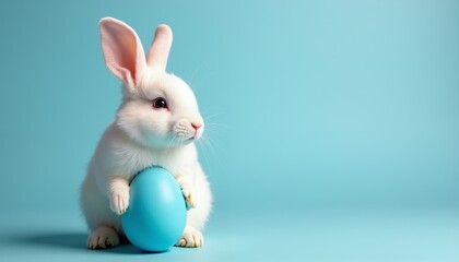 Obraz premium White Rabbit Holding Blue Easter Egg Against Soft Background