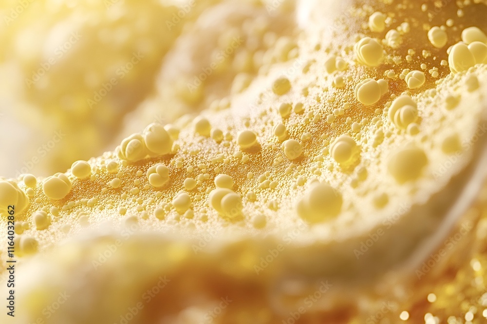 Poster golden surface with numerous small spheres forming an intricate abstract texture, resembling microsc