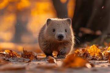 Obraz premium Close-up of a hefty woodchuck with its rich, beautiful fur seated on a grassy lawn