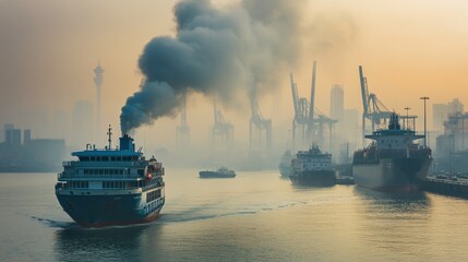 Busy Port with Pollution and Overcast Skies