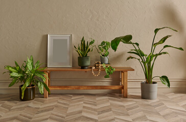 Green botanic room concept, vase of plant, furniture chair and bank style, interior home decor, dark yellow wall background.