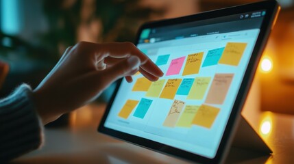 Woman Using Digital Tablet for Project Management and Task Organization with Colorful Sticky Notes