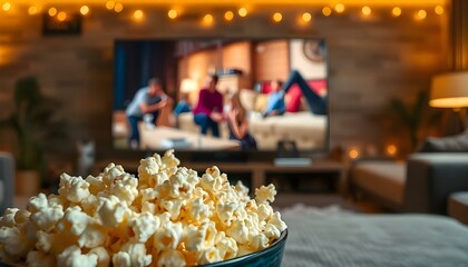Close-up of popcorn on a coffee table, with LED TV in the background for movie night.