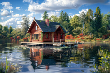 Fototapeta premium Small cabin is on a lake with trees in the background.