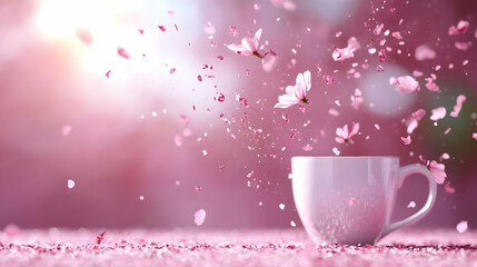 Pink petals falling into a white teacup on a pink background.
