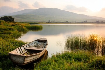Fototapeta premium A dramatic image of the Sea of Galilee surrounded by rolling hills, with a fishing boat floating peacefully on the water