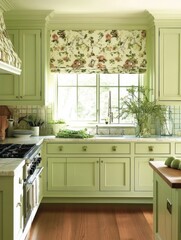Green Kitchen with Floral Window Shade and Wooden Floor