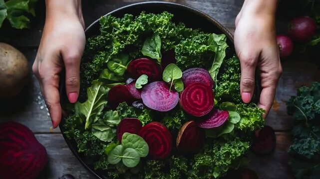 A top-down view of hands arranging a vibrant salad made with fresh kale and beetroot slices on a rustic wooden table. Surrounding greens and vegetables enhance the earthy, natural aesthetic