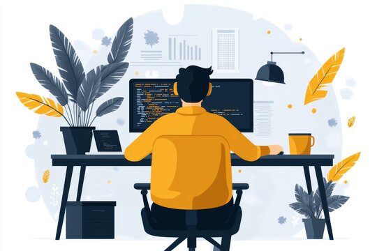 A flat 2D illustration of a programmer at their desk, with code and coffee, against a clean white background