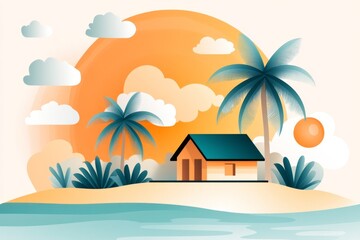 Obraz premium A flat design of a tropical island with a single hut and a surrounding coral reef, emphasizing simplicity