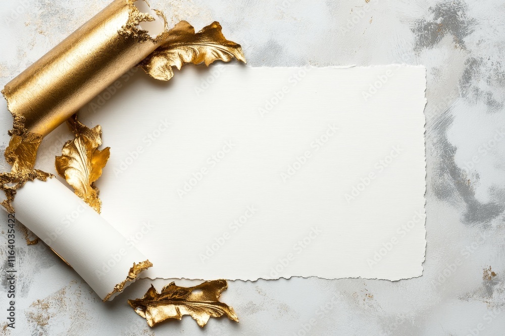 Poster A flat design of an ivory scroll with golden edges unrolled on a pure white canvas