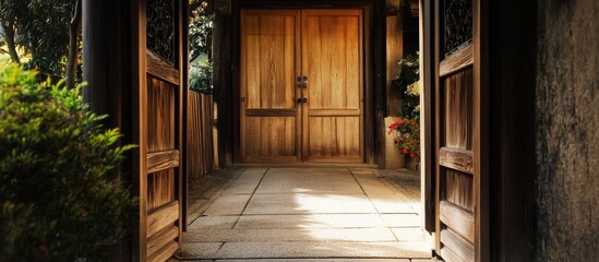 Elegant wooden double door entrance with intricate carvings surrounded by lush greenery in a serene outdoor setting.