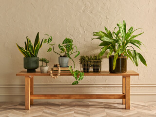 Green botanic room concept, vase of plant, furniture chair and bank style, interior home decor, dark yellow wall background.