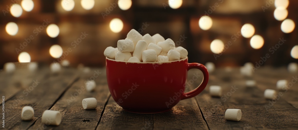 Aufkleber red cup overflowing with white marshmallows on rustic wooden table surrounded by soft glowing bokeh 