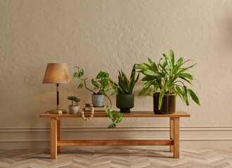 Green botanic room concept, vase of plant, furniture chair and bank style, interior home decor, dark yellow wall background.