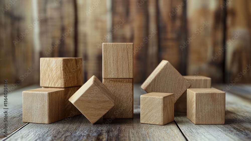 Aufkleber wooden geometric shapes in various cube forms arranged on rustic wooden background for artistic and 