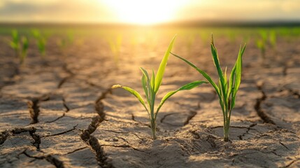Young rice plants growing in a dry cracked field under a glowing sunset symbolizing resilience and agriculture challenges in arid conditions.