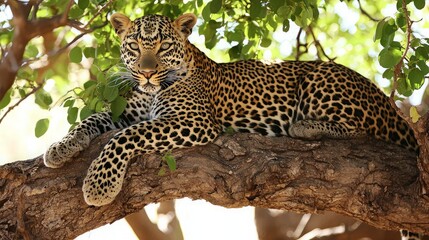 Leopard resting in tree, dappled sunlight. (1)