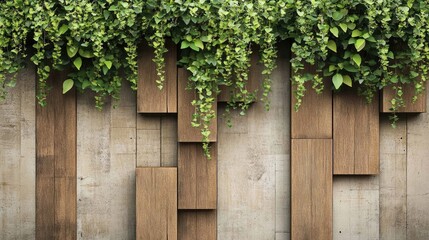 Textured wooden wall with a mix of planks and blocks accented by lush green hanging plants creating a natural and organic backdrop.