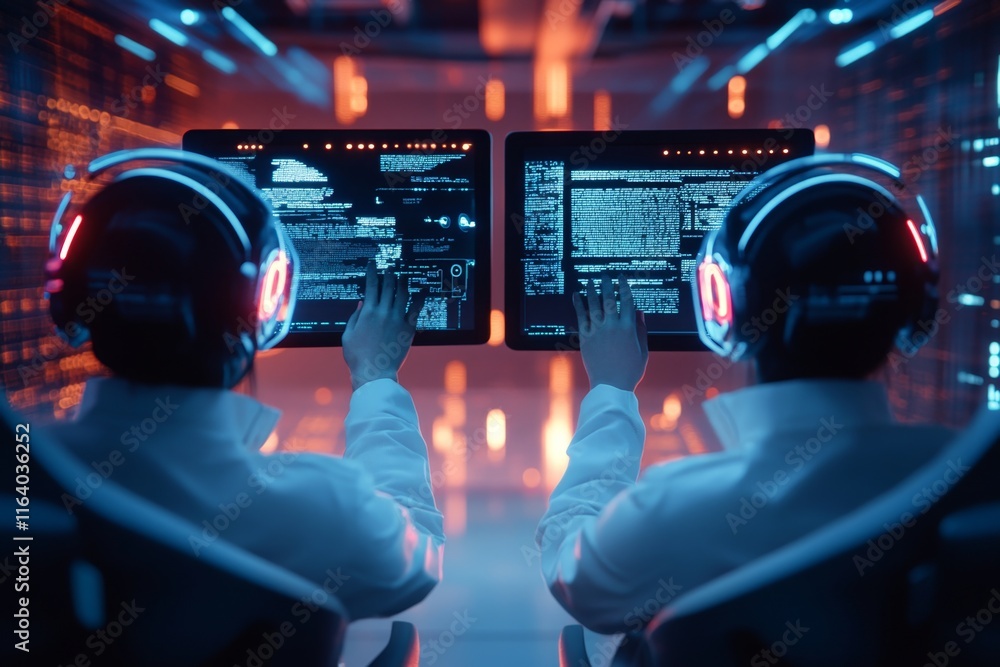 Poster A futuristic IT control room with technicians managing live data streams on holographic displays